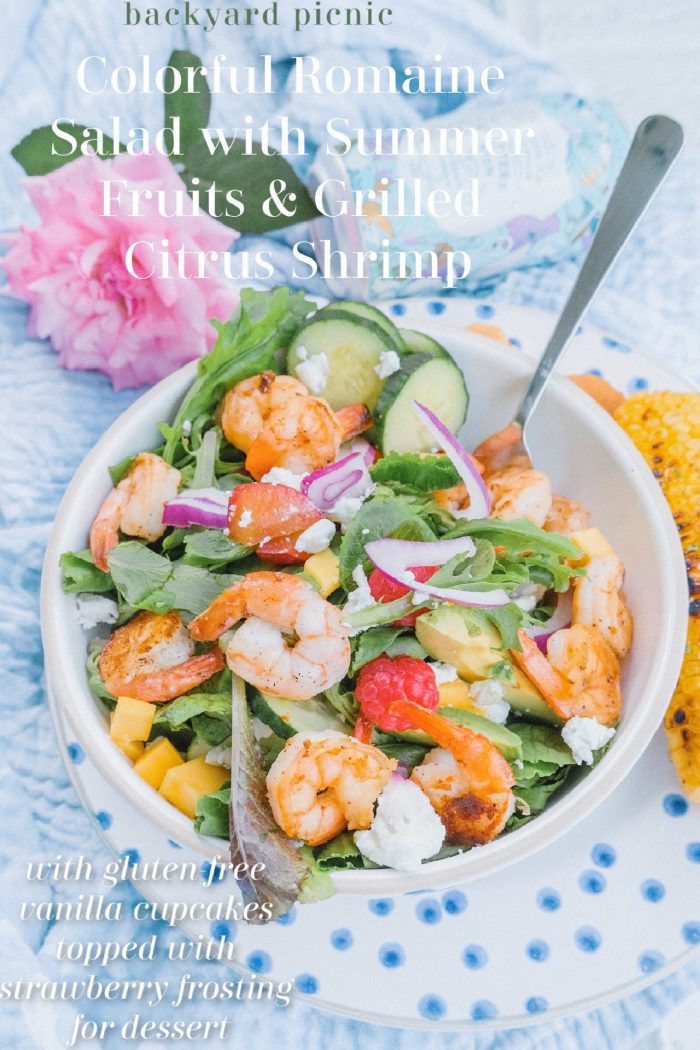 Colorful Romaine Salad with Summer Fruits & Grilled Citrus Shrimp