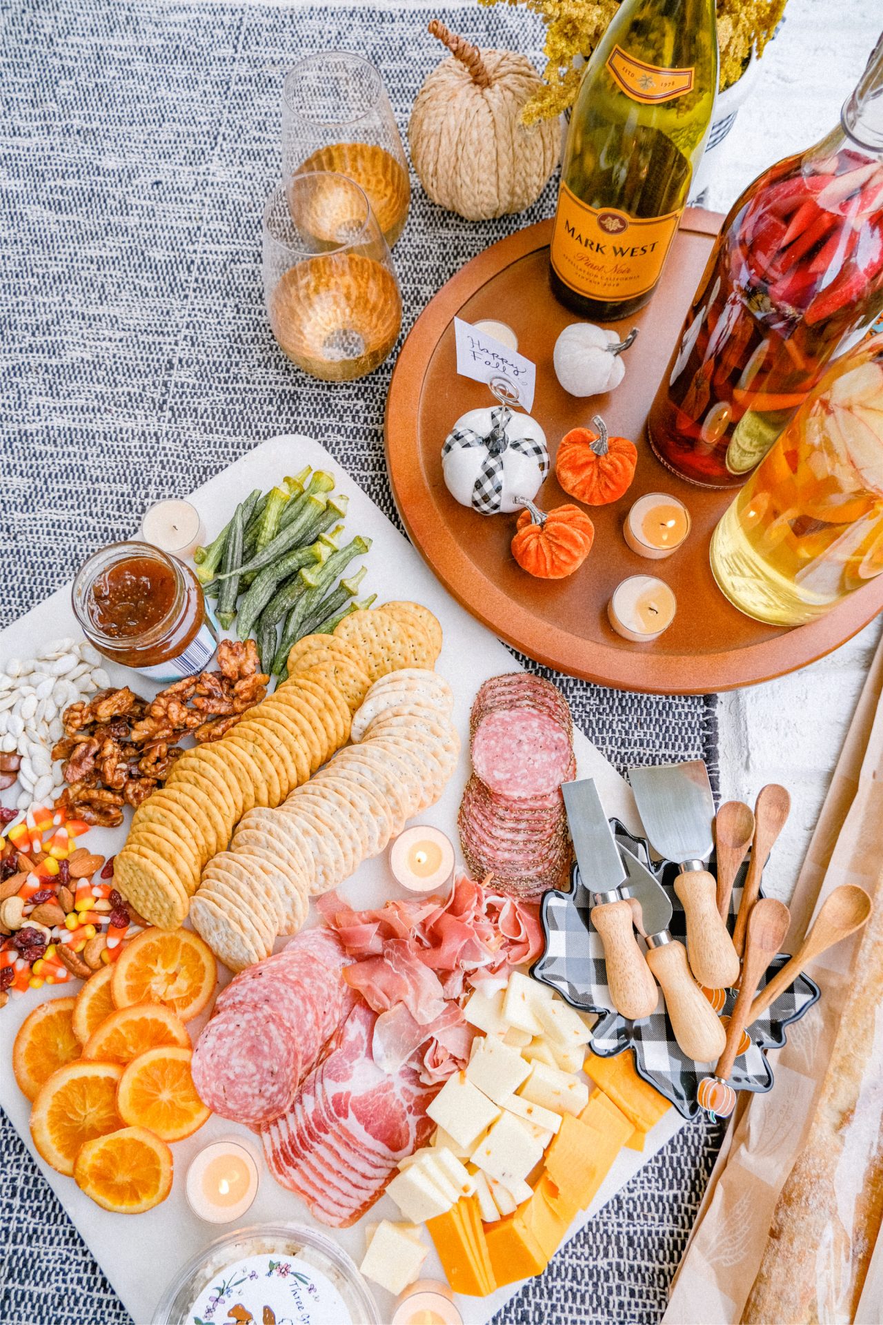 Charcuterie, fall, pumpkin, fall charcuterie board, reids fine food, autumn, orange slices, nuts, seasonal, sangria, spice, pumpkin spice, sweet, southern