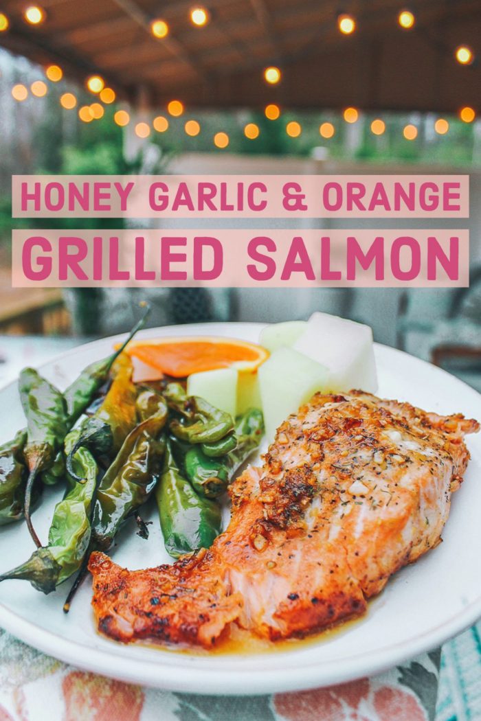 Honey Garlic & Orange Grilled Salmon w/ Shishito Peppers